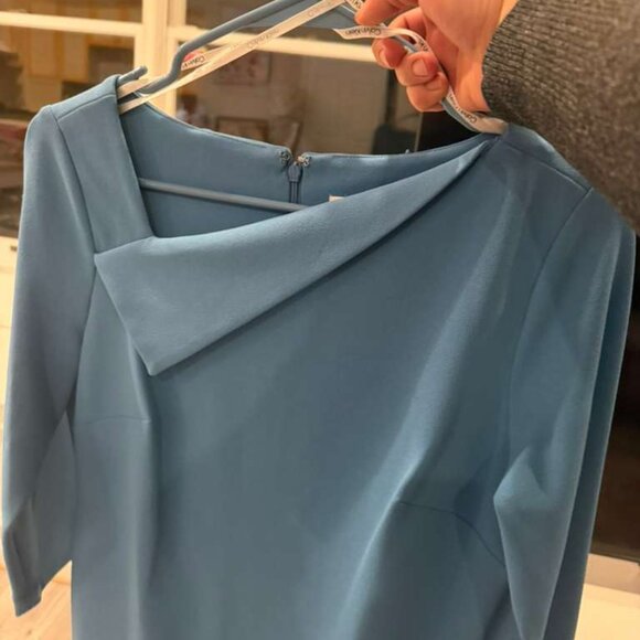 Calvin Klein Women's 3/4 Sleeve Drape Neck, Slit Trim Solid Sheath Dress in blue - Picture 3 of 3